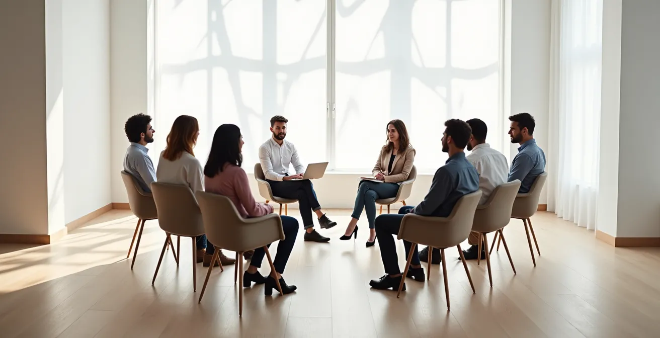 Groupe de personnes en cercle dans une atmosphère chaleureuse d'apprentissage