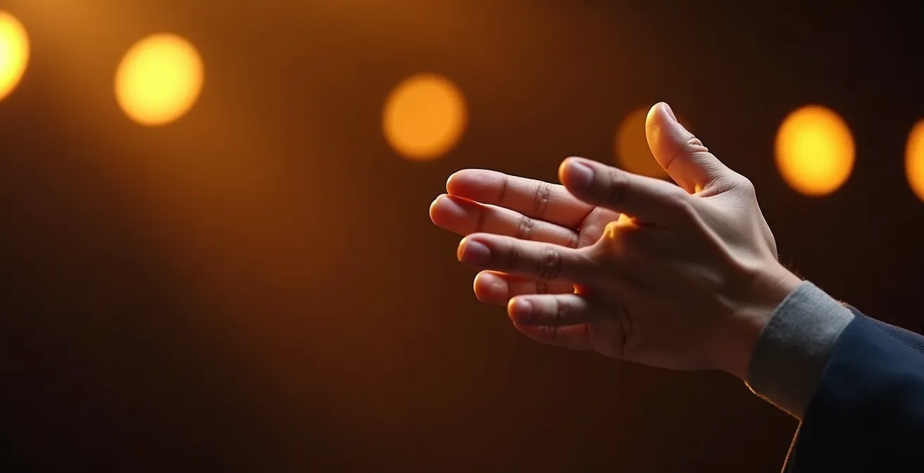 Orateur confiant transformant son énergie en présence magnétique devant un public captivé